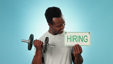 happy black man, dumbbell and hiring sign for gym