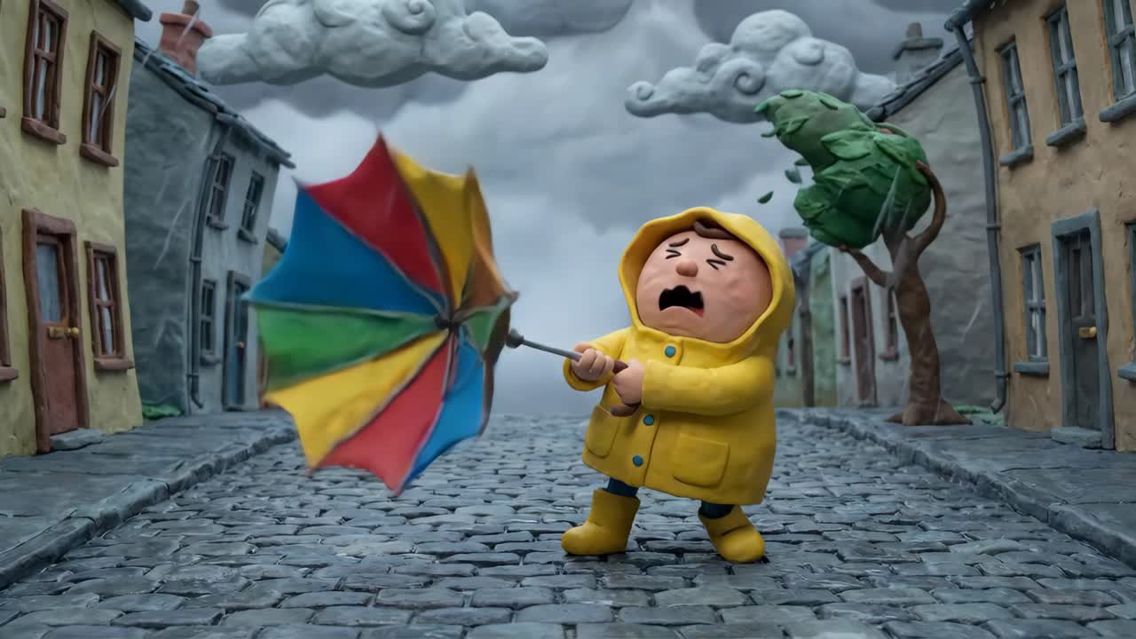 Personaggio in claymation alle prese con un ombrello in una strada acciottolata con forte vento