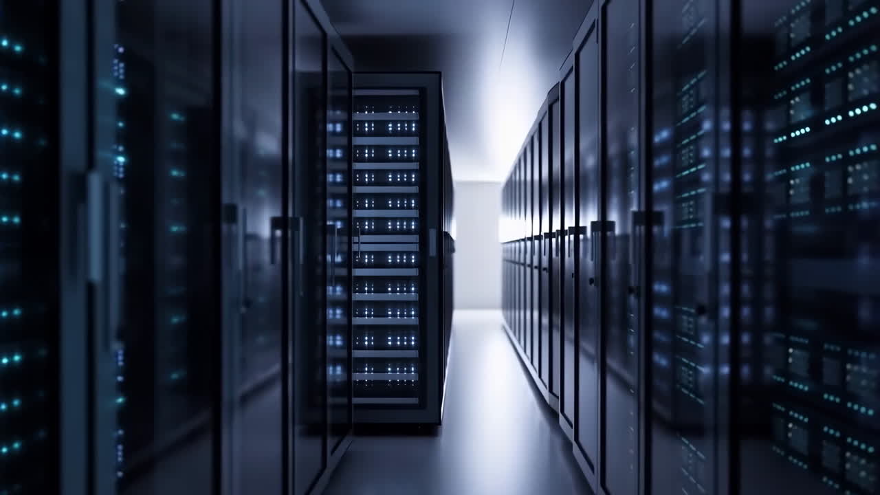 Inside a Modern Data Center with Server Racks and Blinking Lights