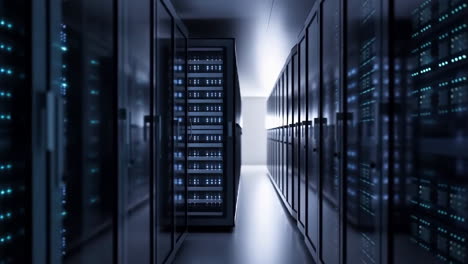 inside a modern data center with server racks and blinking lights