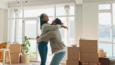 happy couple, hug and moving in new home for real