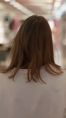 vista trasera de una mujer en una camiseta blanca caminando a través de un centro comercial, iluminada por luces de colores con un fondo borroso con superficies de vidrio reflectantes