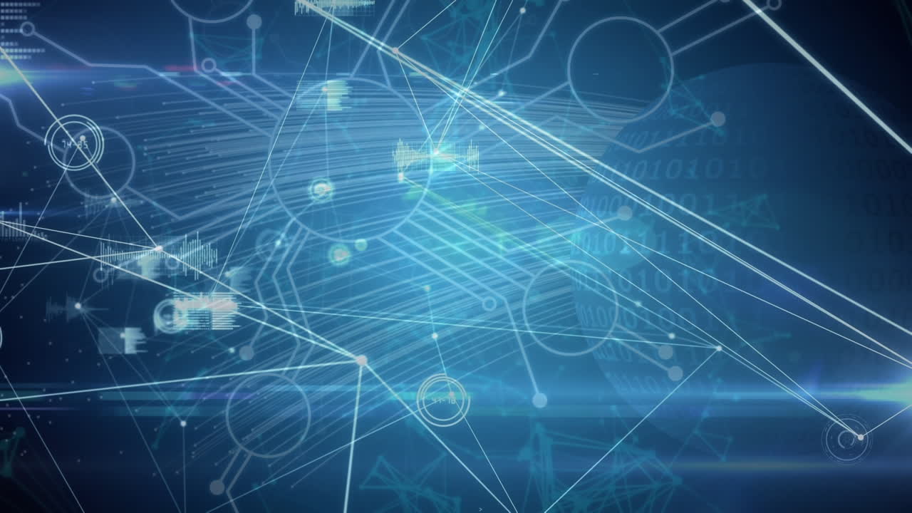 animación de redes de procesamiento de datos de comunicación con luces azules sobre fondo oscuro