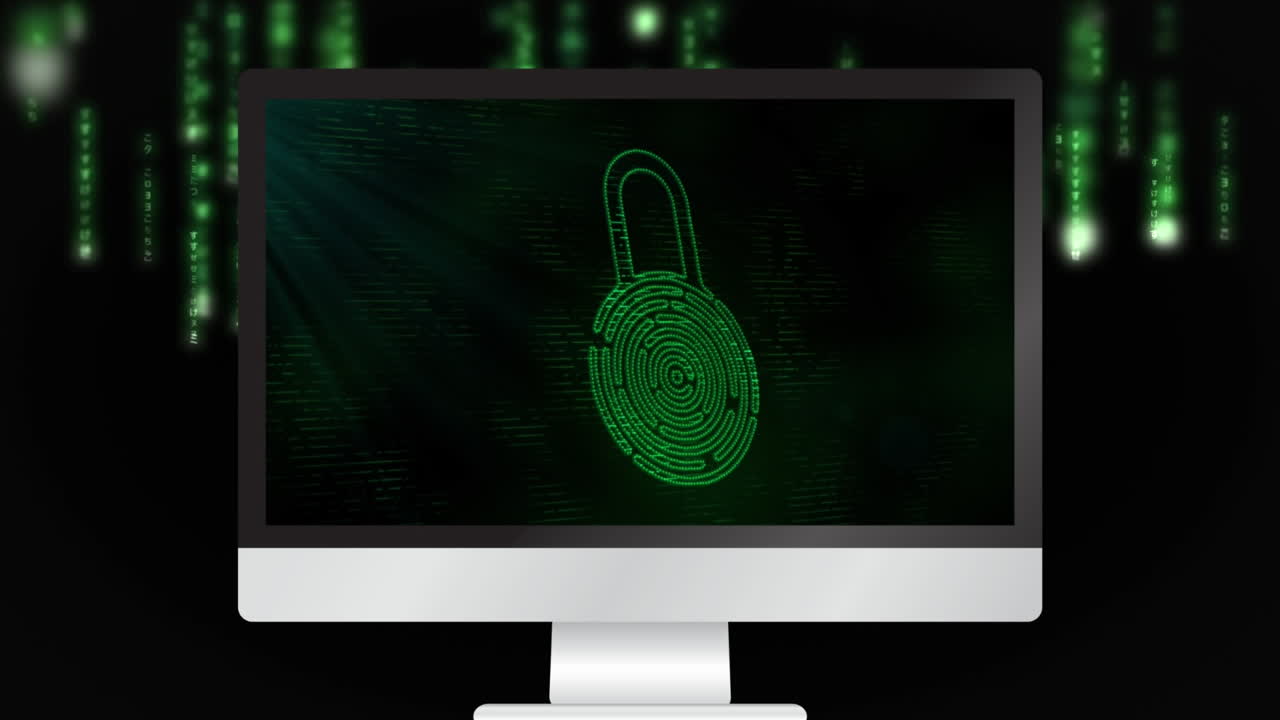 Security padlock icon on screen of monitor against green light trails falling on black background
