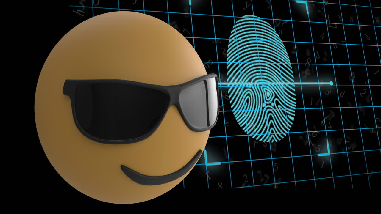 animación del emoticon sobre el patrón de cuadrícula en el escaneo de la huella dactilar contra letras, símbolos, números