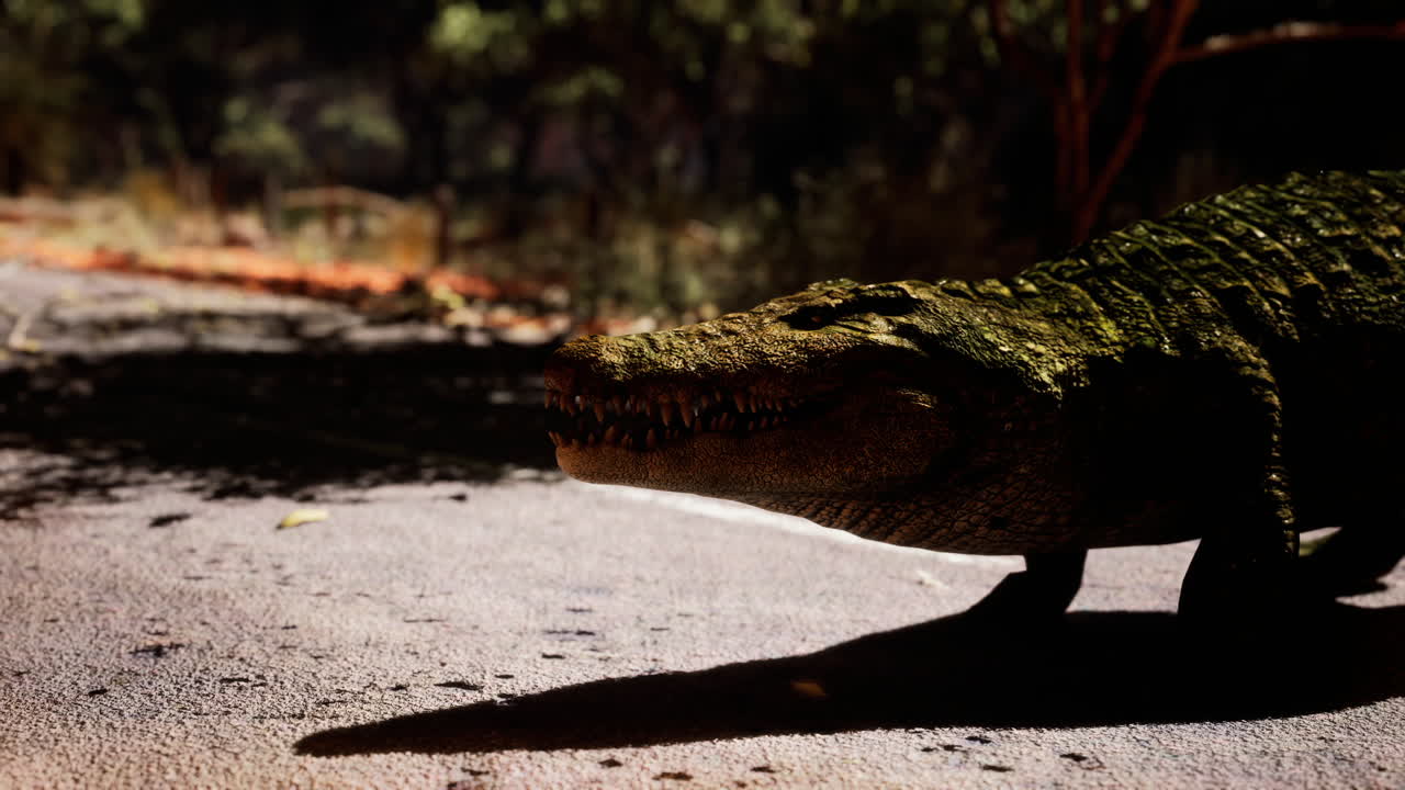 el cocodrilo camina por un camino iluminado por el sol en su hábitat natural