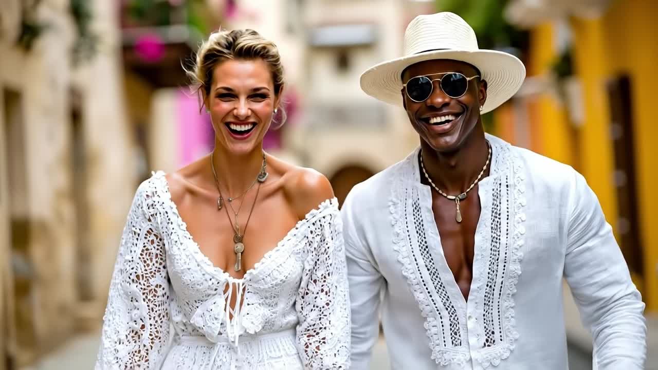 A man and a woman walking down a street together
