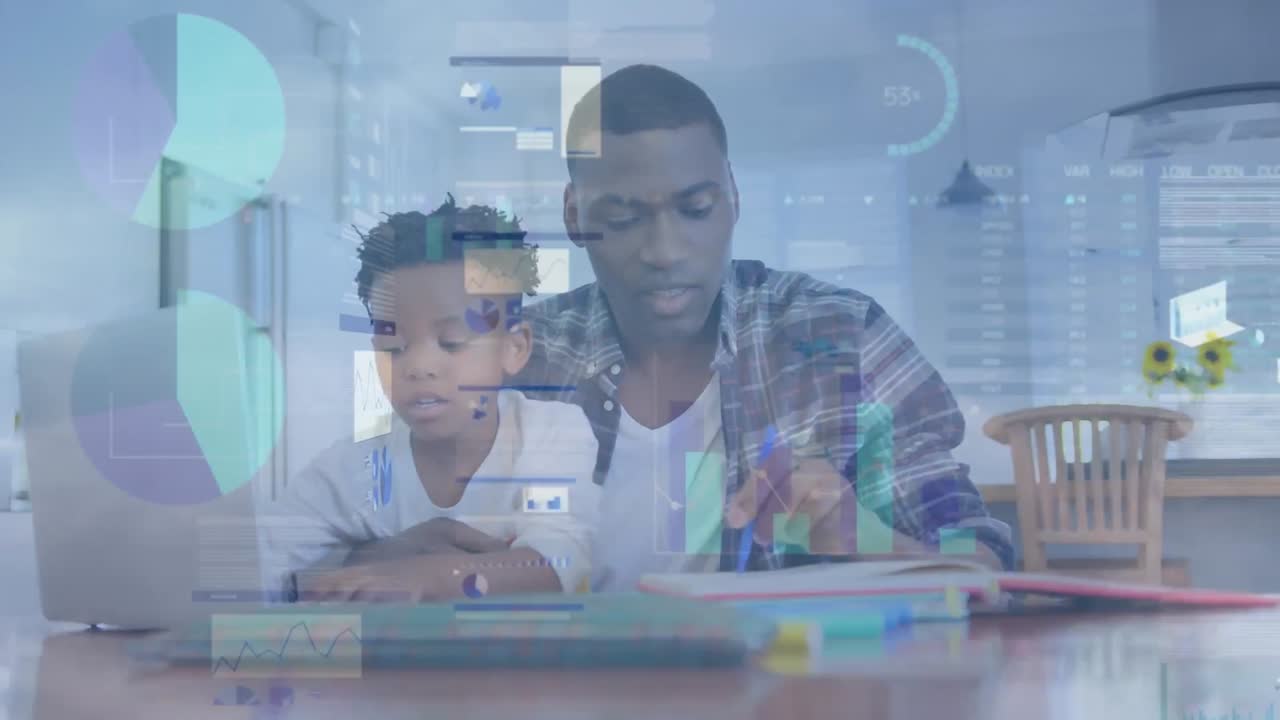 Animation of infographic interface and dense clouds on african american father and son using laptop