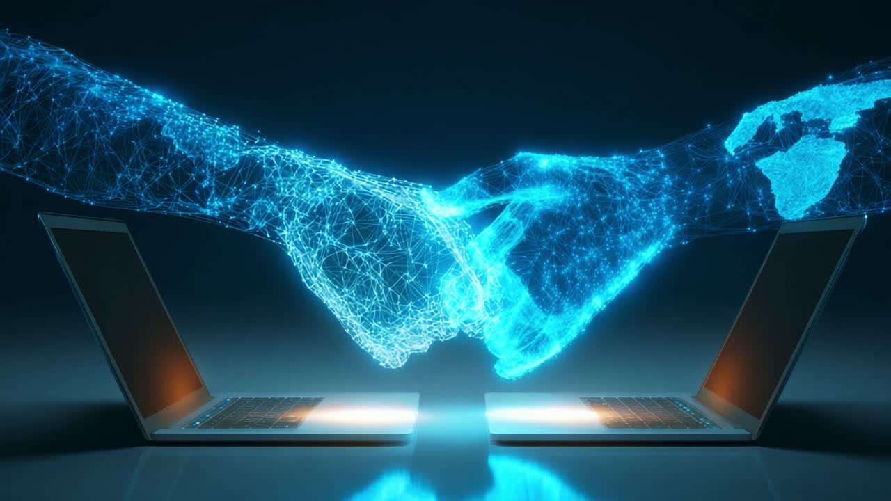 Digital Connection: Two Abstract Hands Merging in a High-Tech Environment Between Laptops, Symbolizing Technological Collaboration and Virtual Interaction