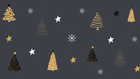 animación de árboles de navidad y copos de nieve en fondo gris ahora