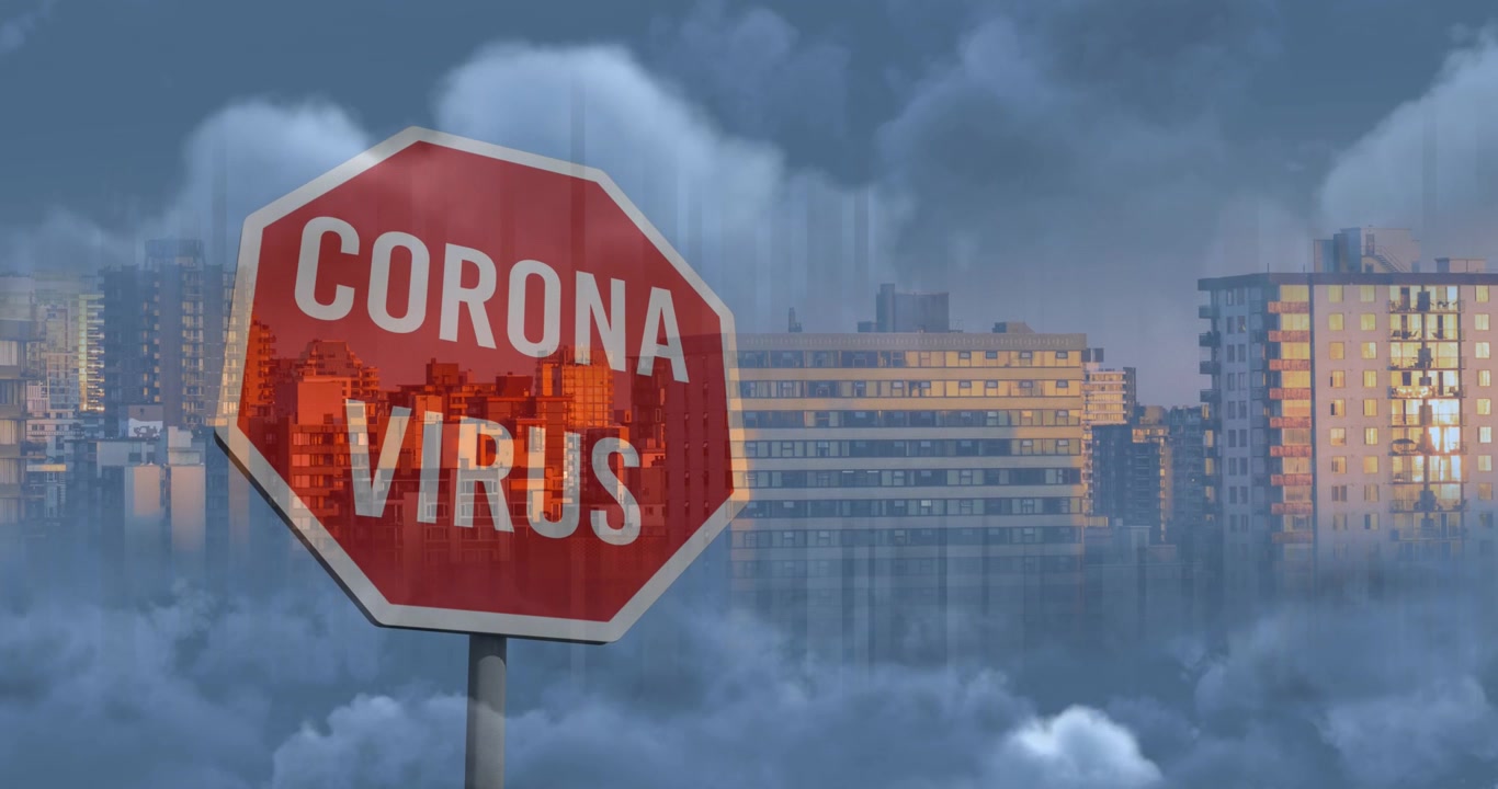 Animation of corona virus prohibition sign over cityscape