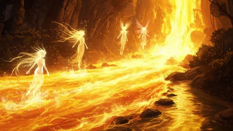 A Mesmerizing Display of Ethereal Beings Dancing Along a Fiery River, Surrounded by Lava and Glowing Embers, Creating a Captivating Scene of Otherworldly Beauty