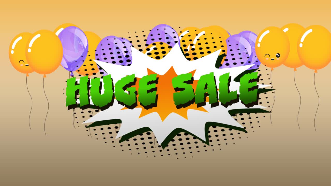 animación de texto de venta enorme sobre burbuja de habla y globos sobre fondo naranja