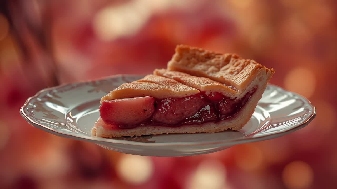 Camera showcasing slice of lattice-top fruit tart on white plate in kitchen, blurred fruit backdrop