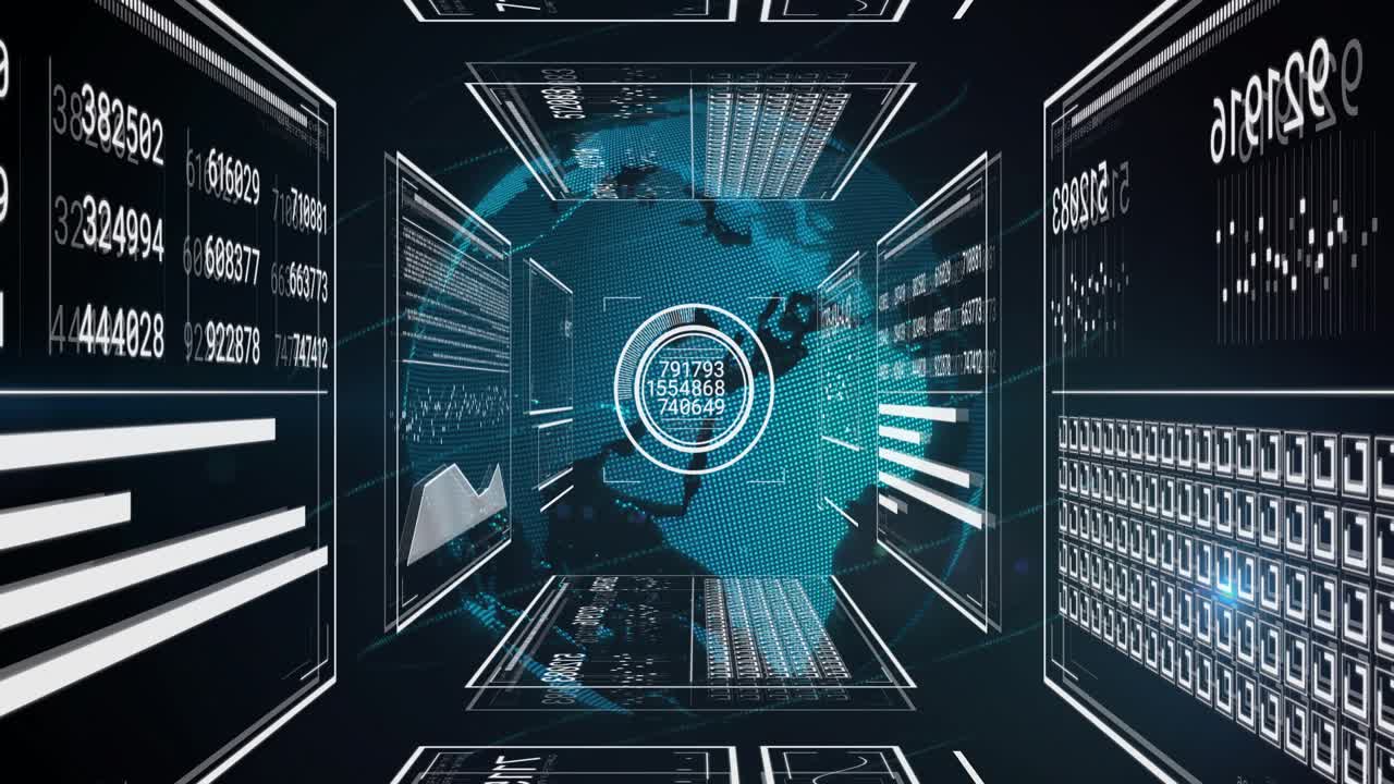 On start camera entering cube, teal globe rotating, target cycling, panels updating for analytics