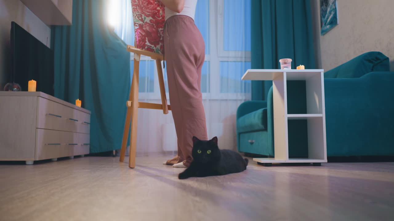 Woman Painting At Easel In Cozy Living Room, Barefoot Creator Wearing Floral Top And Pink Trousers Works On Canvas Beside Wooden Easel And Teal Sofa White Side Table With Coffee Cup, Teal Curtains
