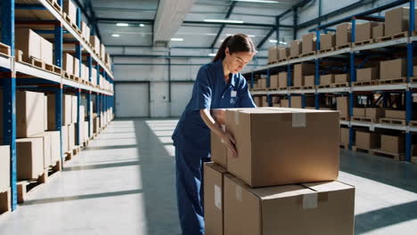 woman working in a warehouse, handling boxes for inventory management