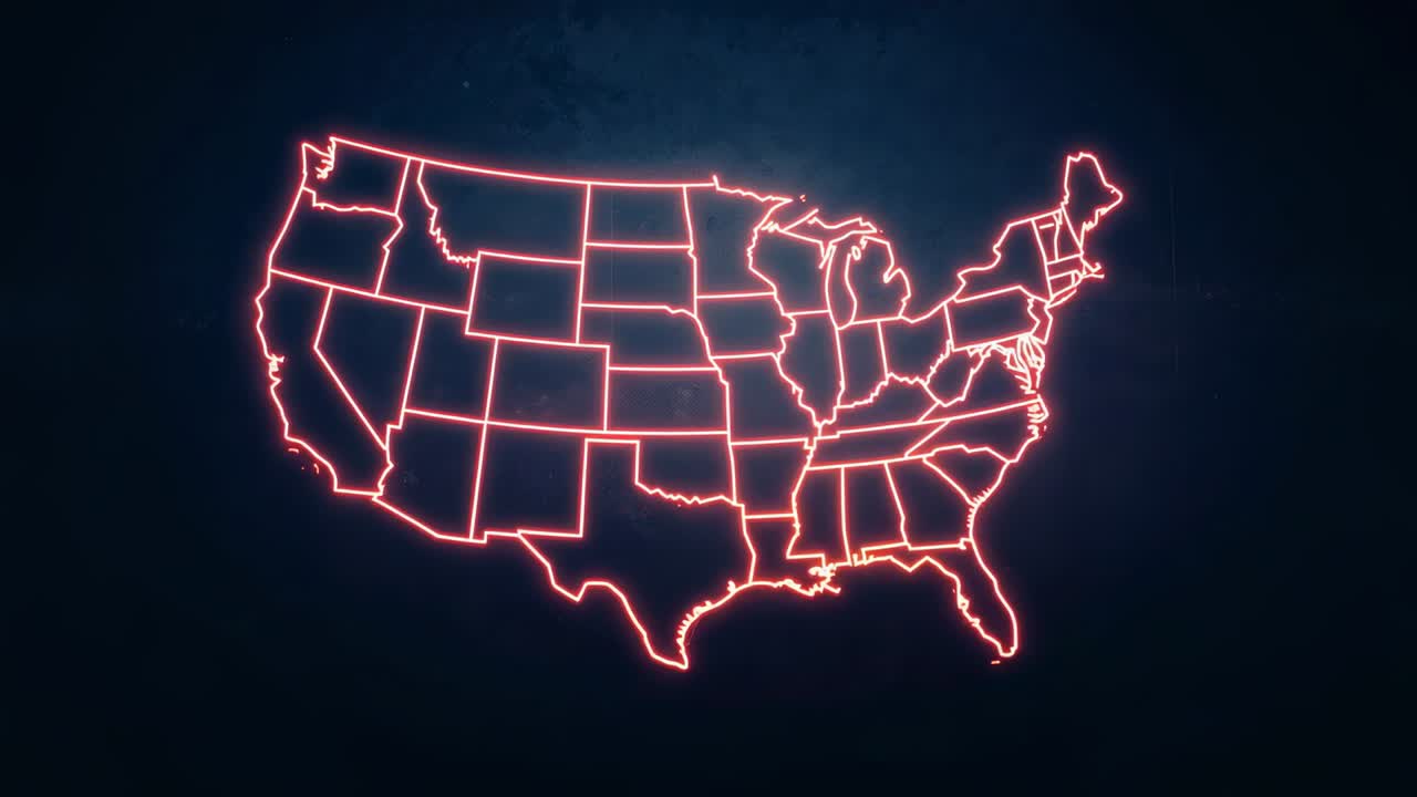 Frame loading neon pink US map glowing centrally and pulsating state borders on dark background