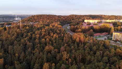 sobrevuelo lento del bosque al atardecer con vistas a la ciudad durante la hora dorada
