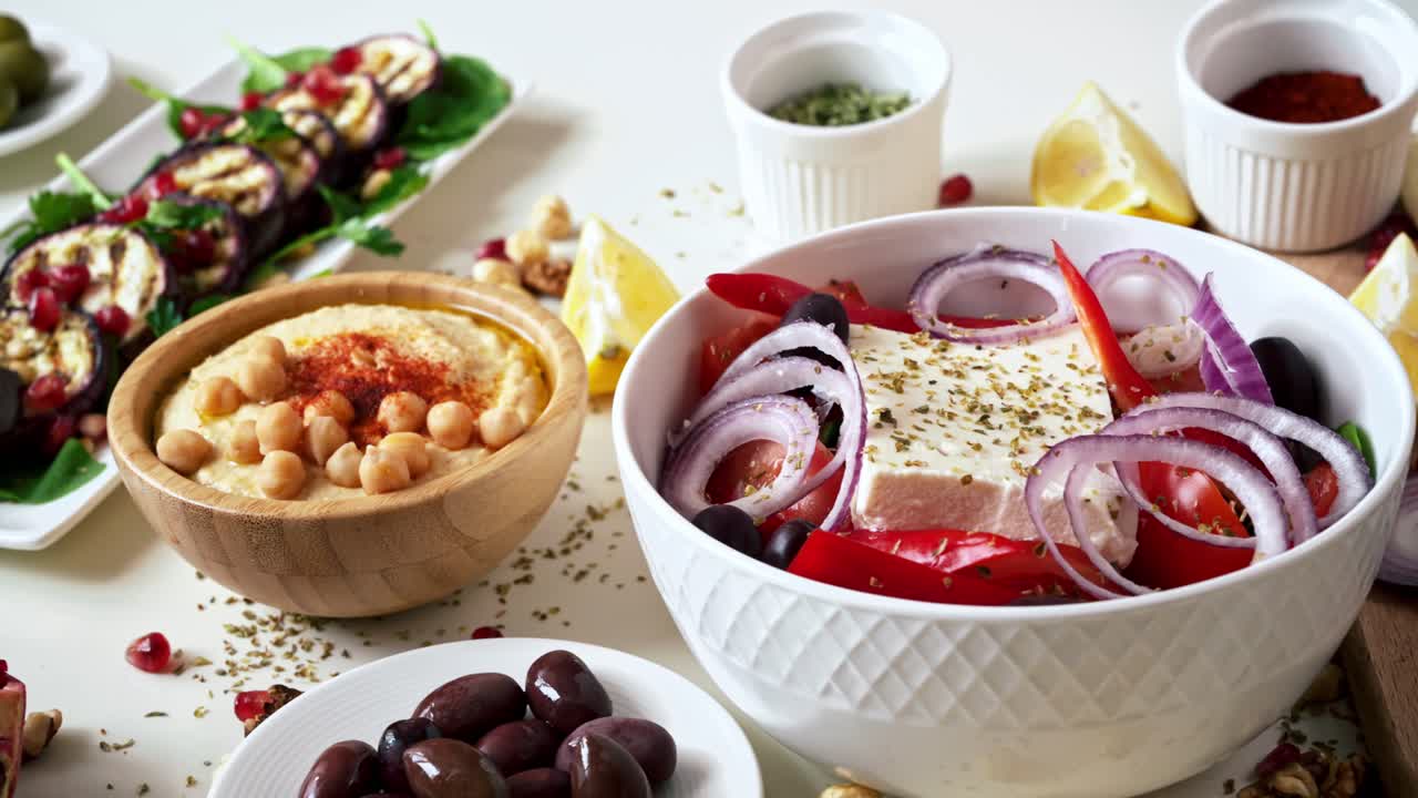 Close-up view of a table full of healthy national food in dishes. Sliced vegetables, salads and appetizers