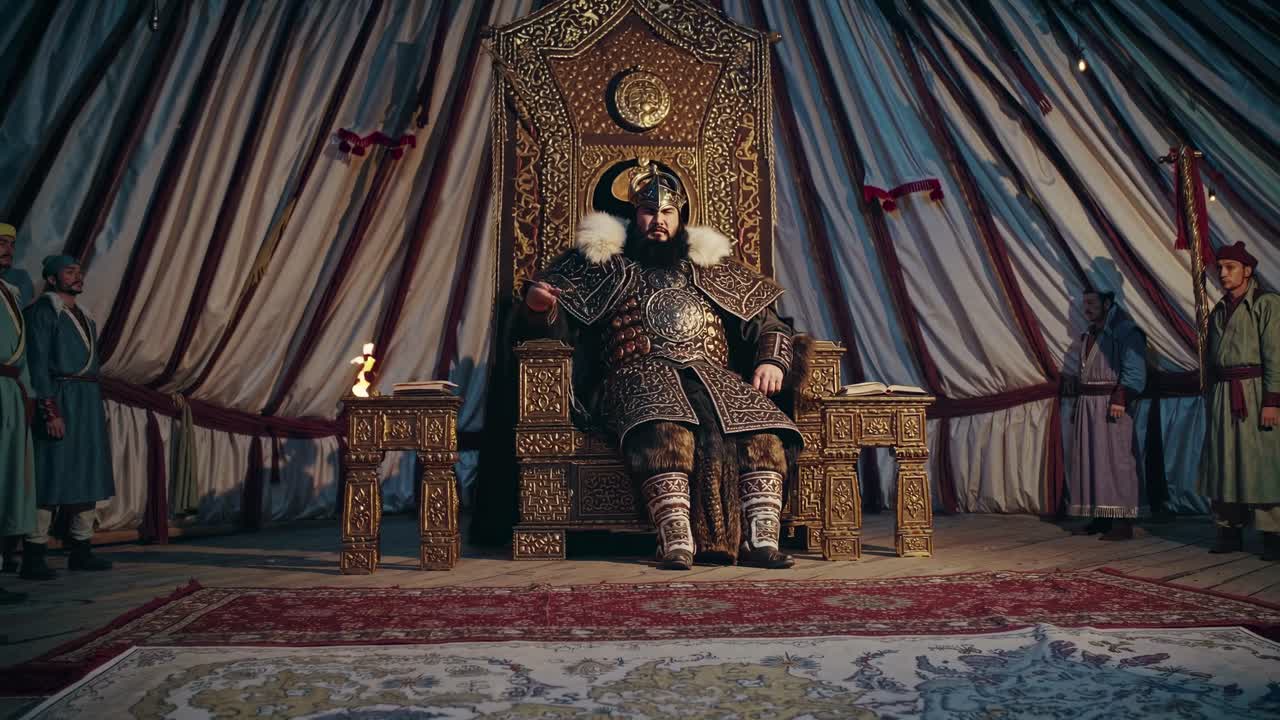 Medieval king in ornate armor sits on a grand throne in a tent