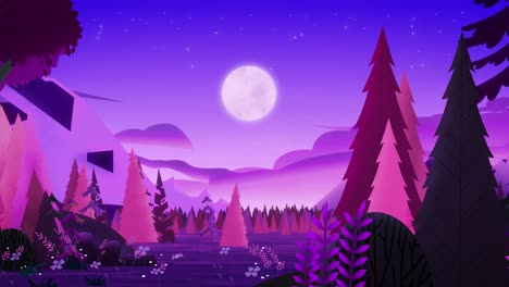 beautiful fabulous night purple-pink coniferous forest. view of the night sky with stars and a bright moon between the rocks. charming magical wild forest.