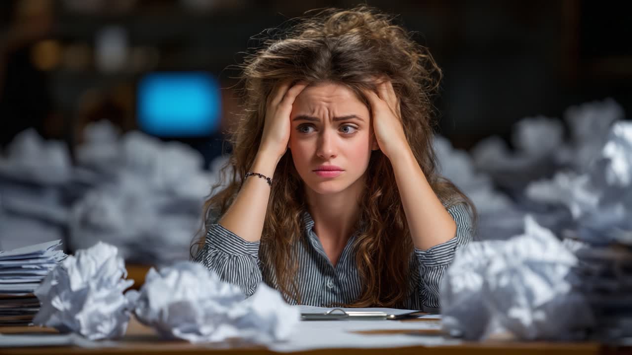 A Young Woman Expressing Frustration and Stress Amidst a Chaotic Desk Filled with Crumpled Papers Symbolizing Overwhelm and Pressure in a Work Environment