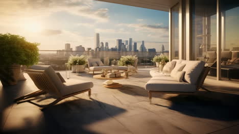 luxury balcony with city skyline view at sunset