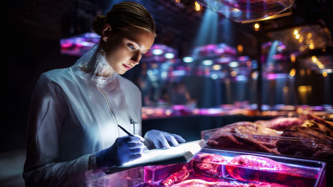 A focused female researcher in a laboratory setting meticulously records observations in her notebook while surrounded by various samples displayed under vibrant lighting