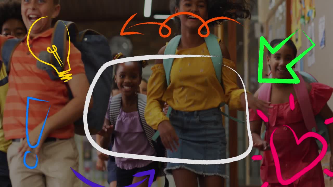 학교 아이템 아이콘의 애니메이션 행복한 달리는 학교 아이들