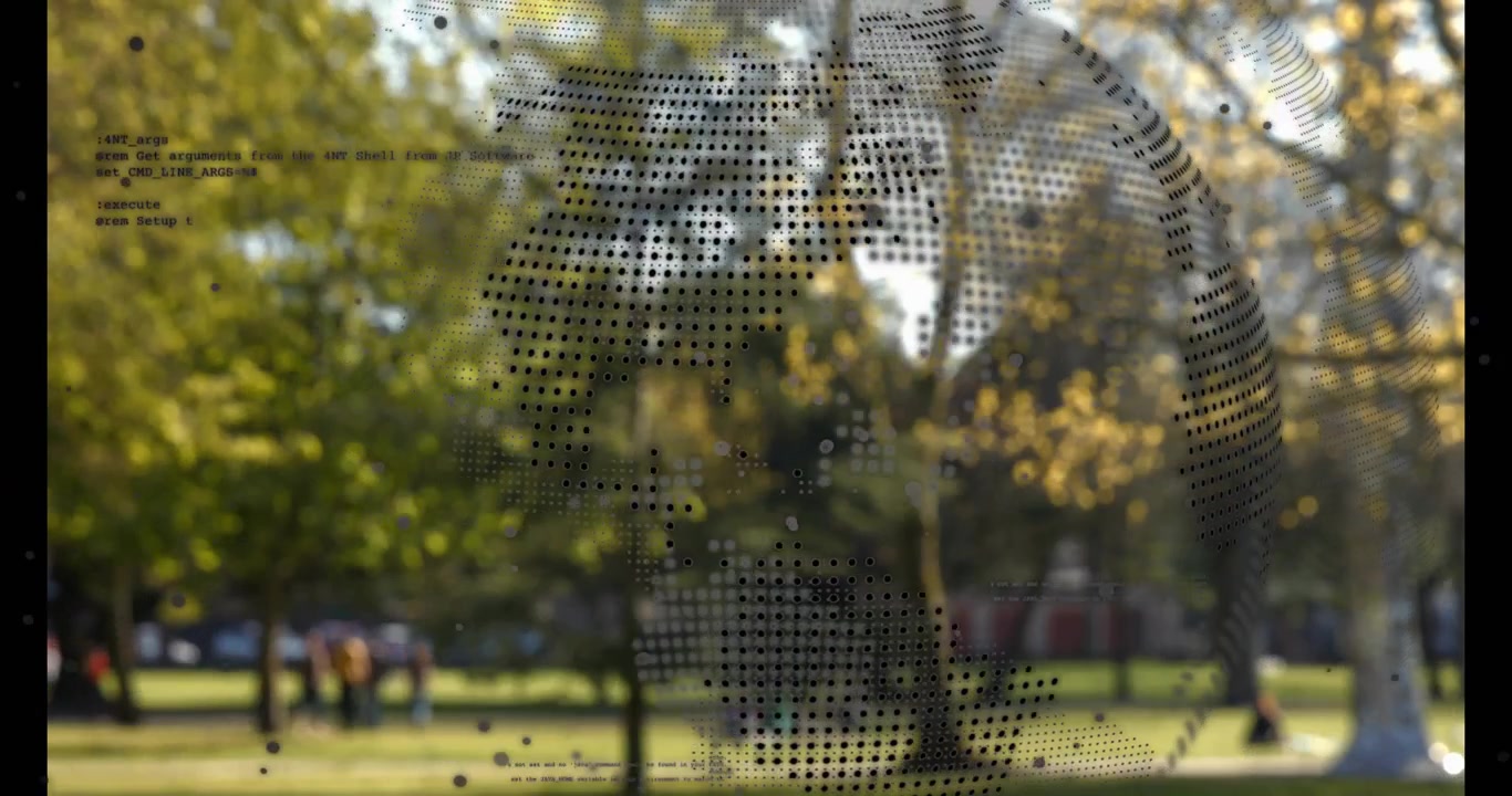 Render 3D che visualizza un globo puntinato semitrasparente in sovrimpressione su una scena di parco con linee di codice.