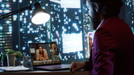 ceo and employees attend videocall network for briefing