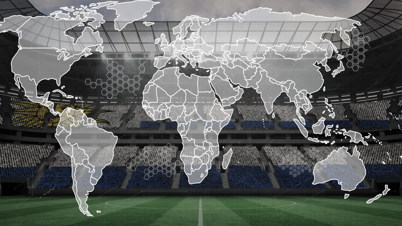 Animation of world map outline over soccer stadium with hexagonal seat patterns