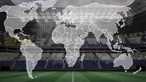 animation of world map outline over soccer stadium with hexagonal seat patterns