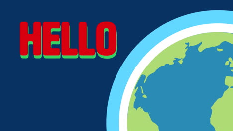 animación del texto de saludo sobre el globo sobre fondo azul