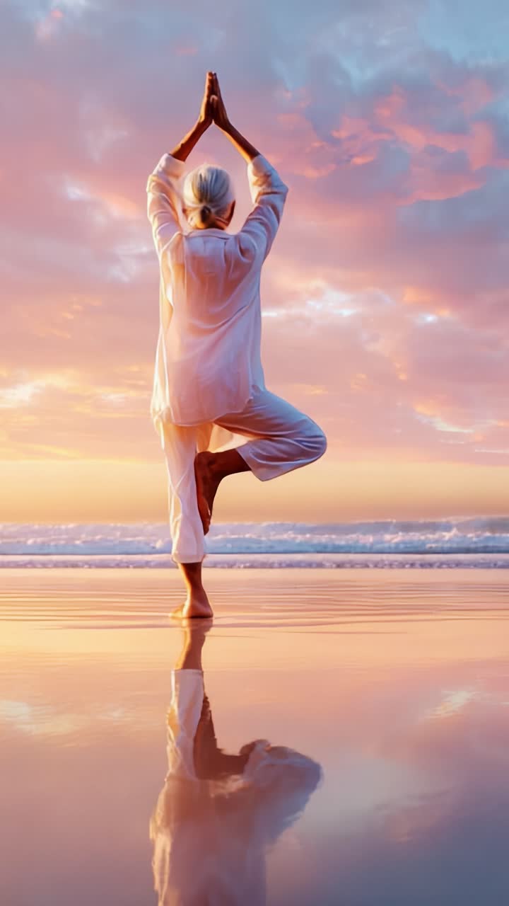 Gün batımında sakin bir sahilde yoga yapan, iç huzuru ve dengeyi benimseyen, alacakaranlığın canlı renkleri arasında ve su üzerindeki yansımayla dingin bir kadın