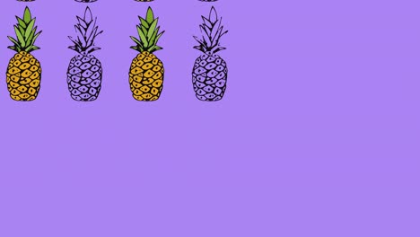 Animation-of-single-pineapple-floating-on-purple-background