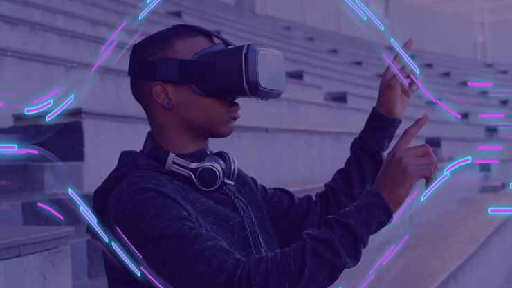 Animation of glowing light trails of data transfer over african american man in vr headset