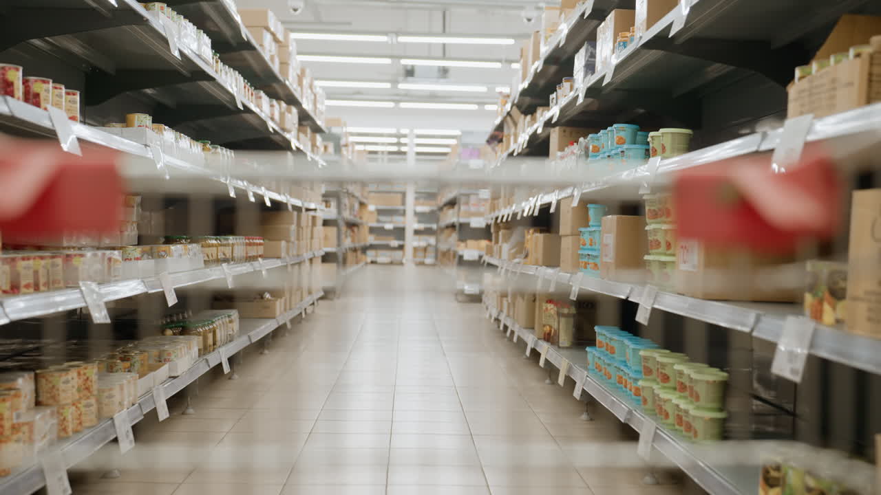 POV trolley glides through supermarket aisle, frame streaks past boxes, canned goods, packages while ceiling lights create tunnel perspective, evoking consumer shopping journey toward fresh choices