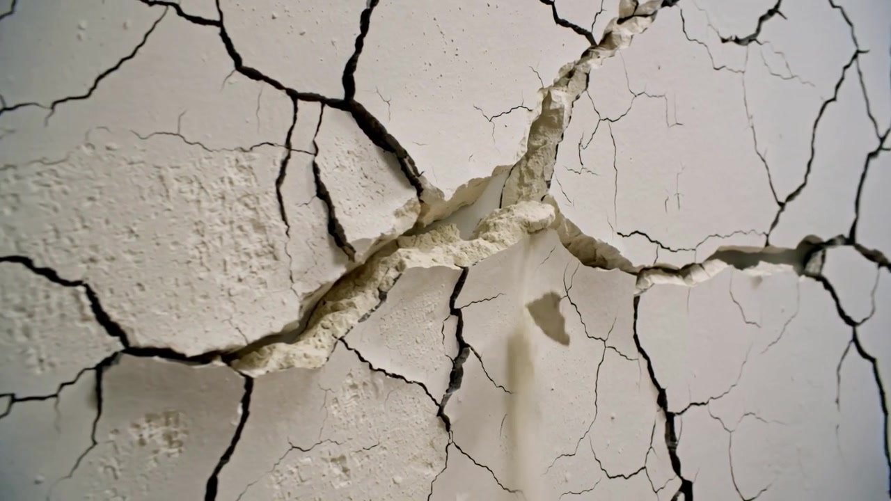 Moving camera approaching plaster wall with crater and radial cracks in room, revealing substrate