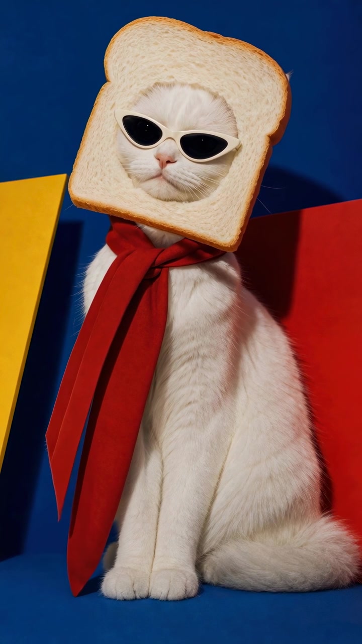White Cat Wearing Bread Slice and Sunglasses with Red Scarf