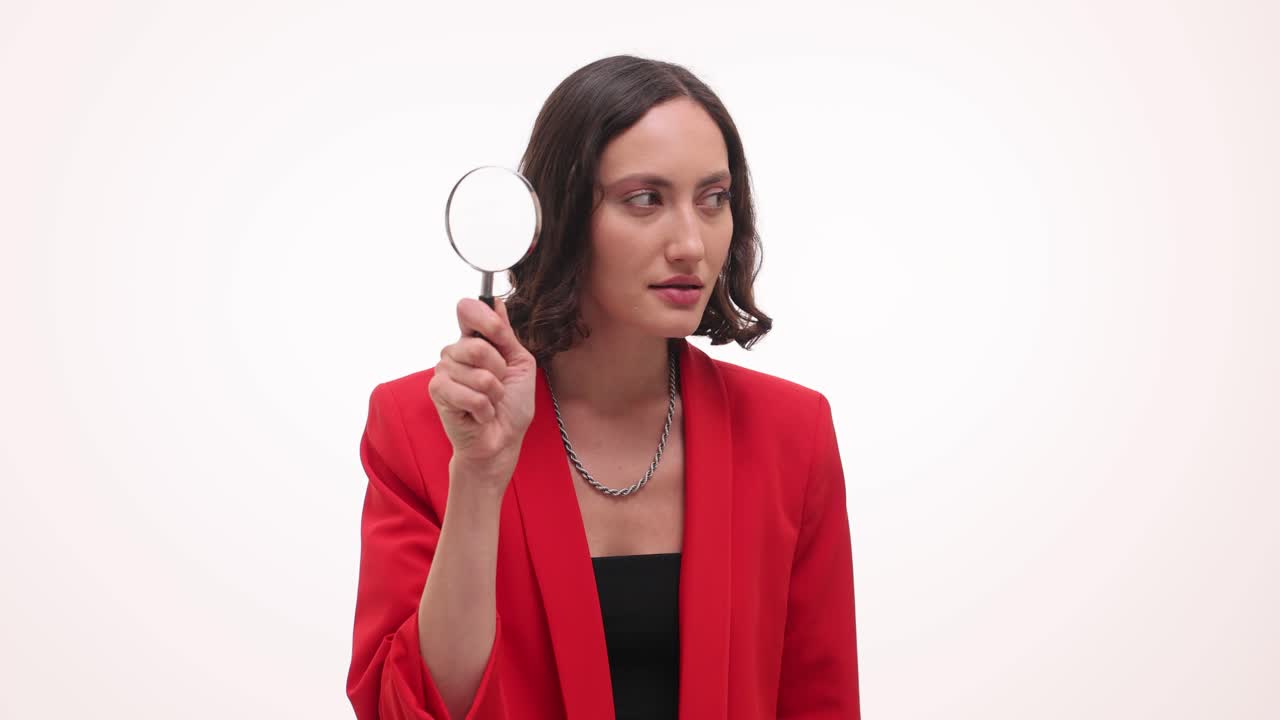 Woman examining something with a magnifying glass