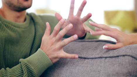 Woman,-talking-and-couple-fight-on-sofa