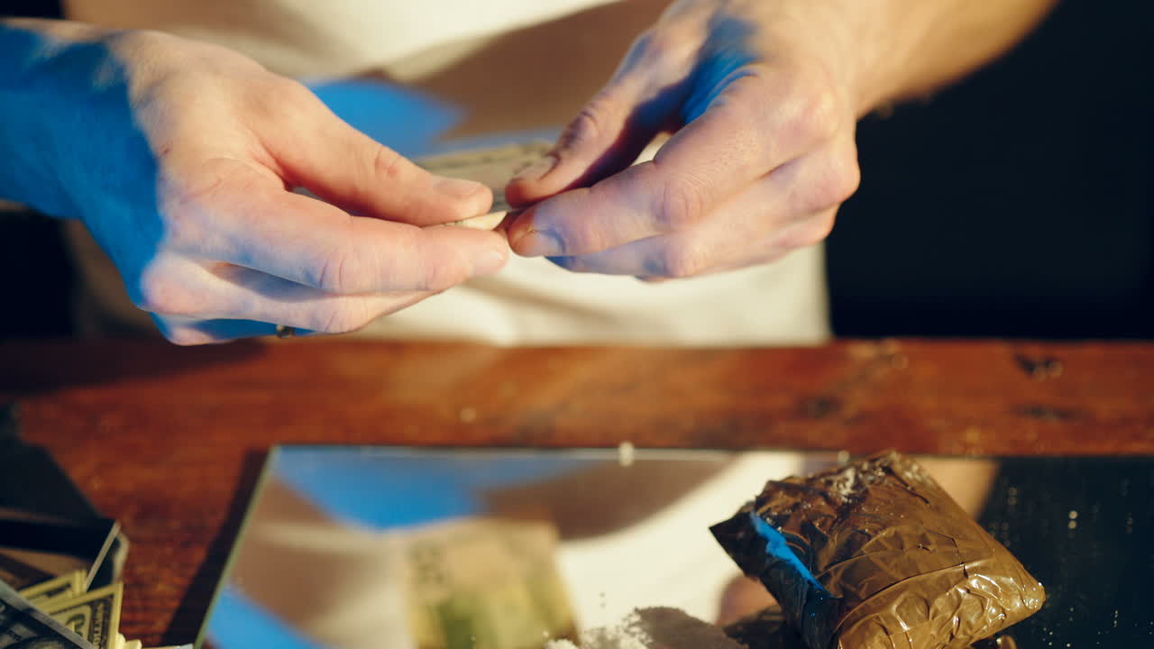 Abuse of drugs. Young addict's man sniffs and snorts a line of cocaine with a roll of banknote on the mirror.