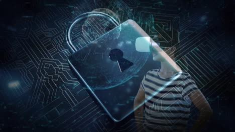 Animation-of-digital-padlock-over-woman-with-vr-headset