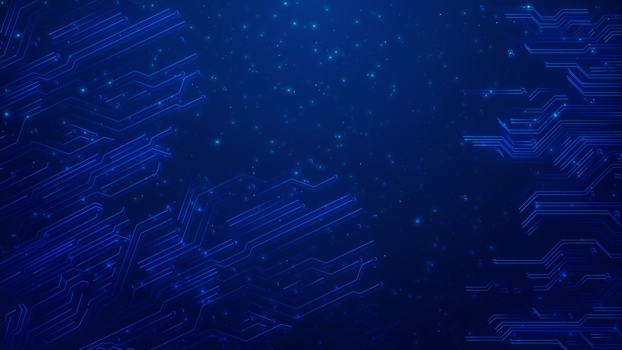 Dynamic animation of glowing blue circuit lines floating particles creating hightech futuristic