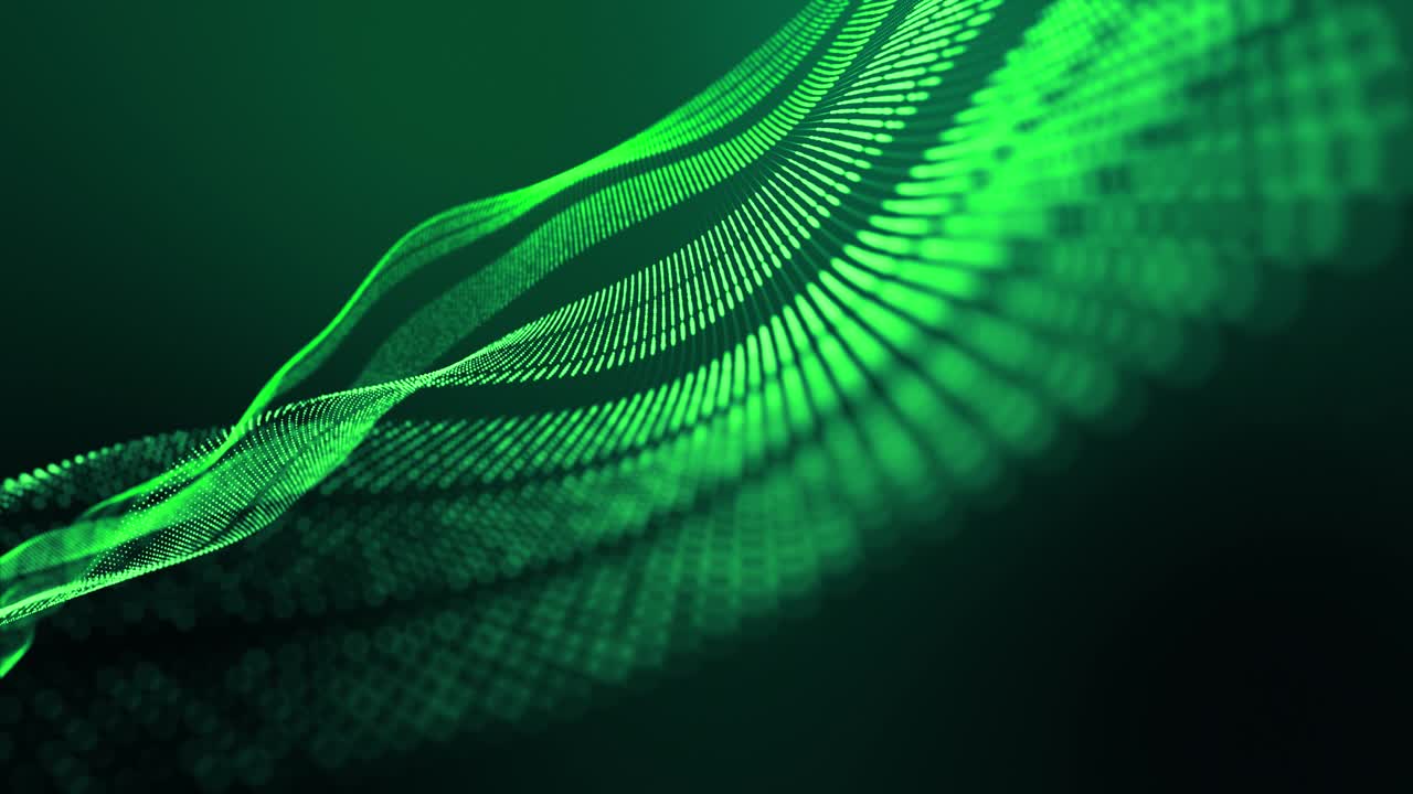 4k looped abstract green background of glow particles form lines, surfaces, stripes structures as futuristic landscape in cyberspace or hologram. Sci-fi theme with DOF, lighting effects and bokeh.