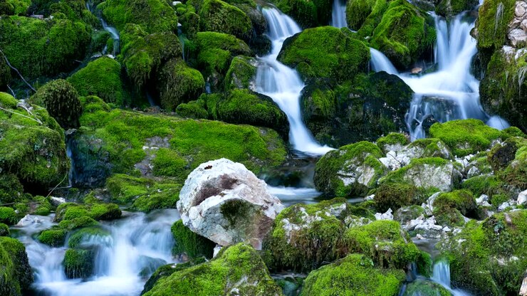 il fiume cade tra le pietre di muschio