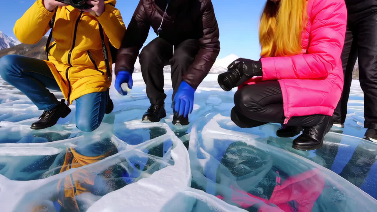 People Exploring a Frozen Lake