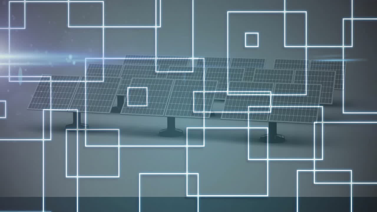 Digital network animation overlaying solar panels in futuristic technology concept
